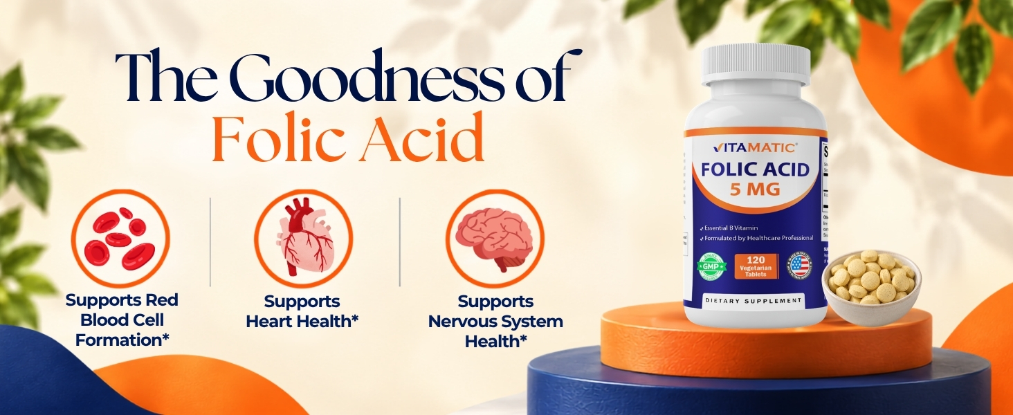 Vitamatic Folic Acid 5 mg (5,000 mcg), 120 Vegetarian Tablets | Vitamin B9
