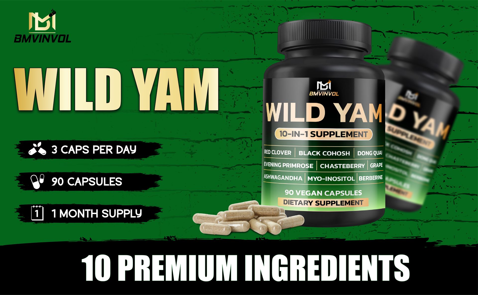 BMVINVOL Wild Yam Supplement | Red Clover, Black Cohosh, Evening Primrose, Berberine, Myo-Inositol - [ 90 Capsules]