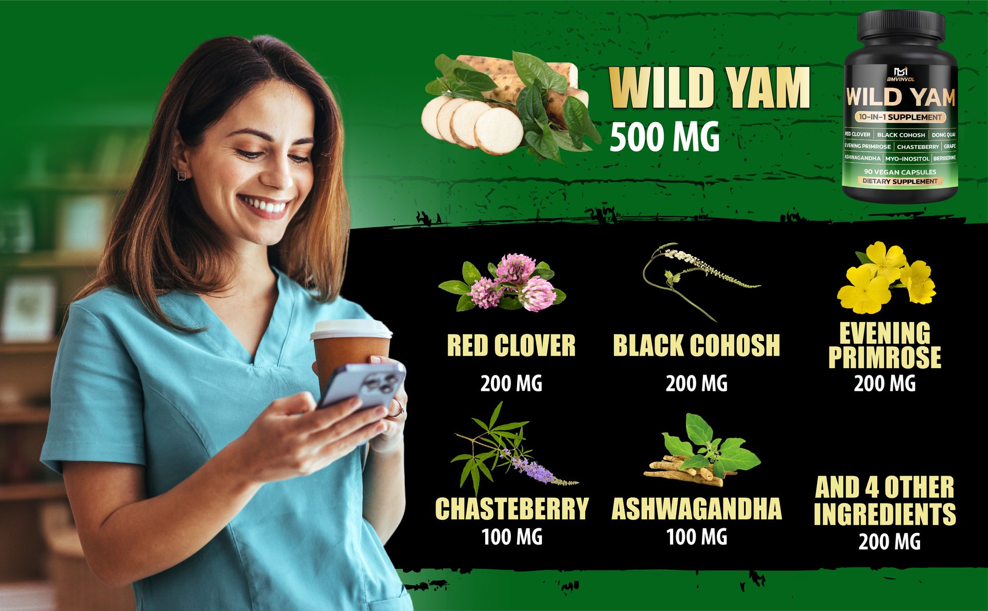 BMVINVOL Wild Yam Supplement | Red Clover, Black Cohosh, Evening Primrose, Berberine, Myo-Inositol - [ 90 Capsules]
