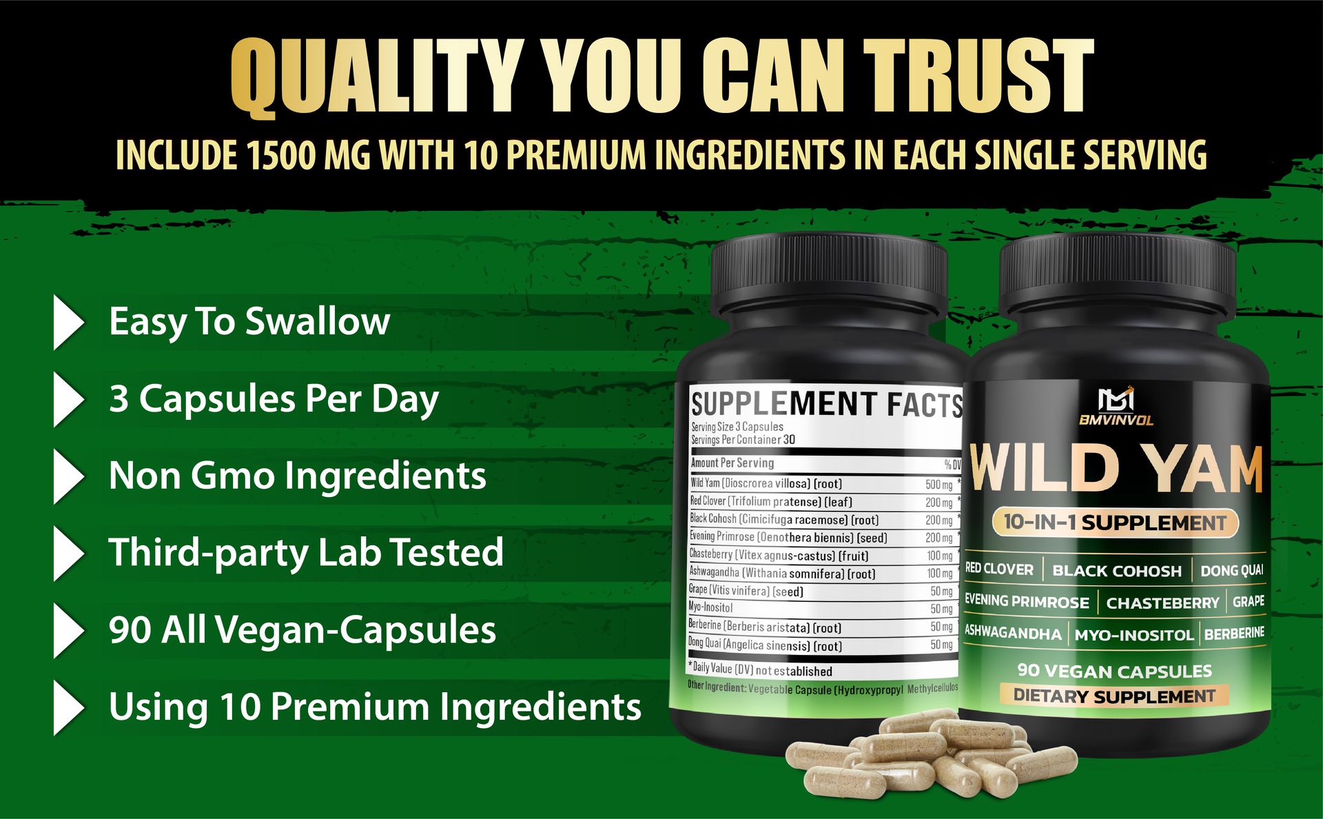 BMVINVOL Wild Yam Supplement | Red Clover, Black Cohosh, Evening Primrose, Berberine, Myo-Inositol - [ 90 Capsules]