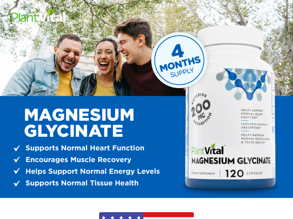 PlantVital Magnesium Glycinate 200mg, Normal Heart Health - 120 Capsules