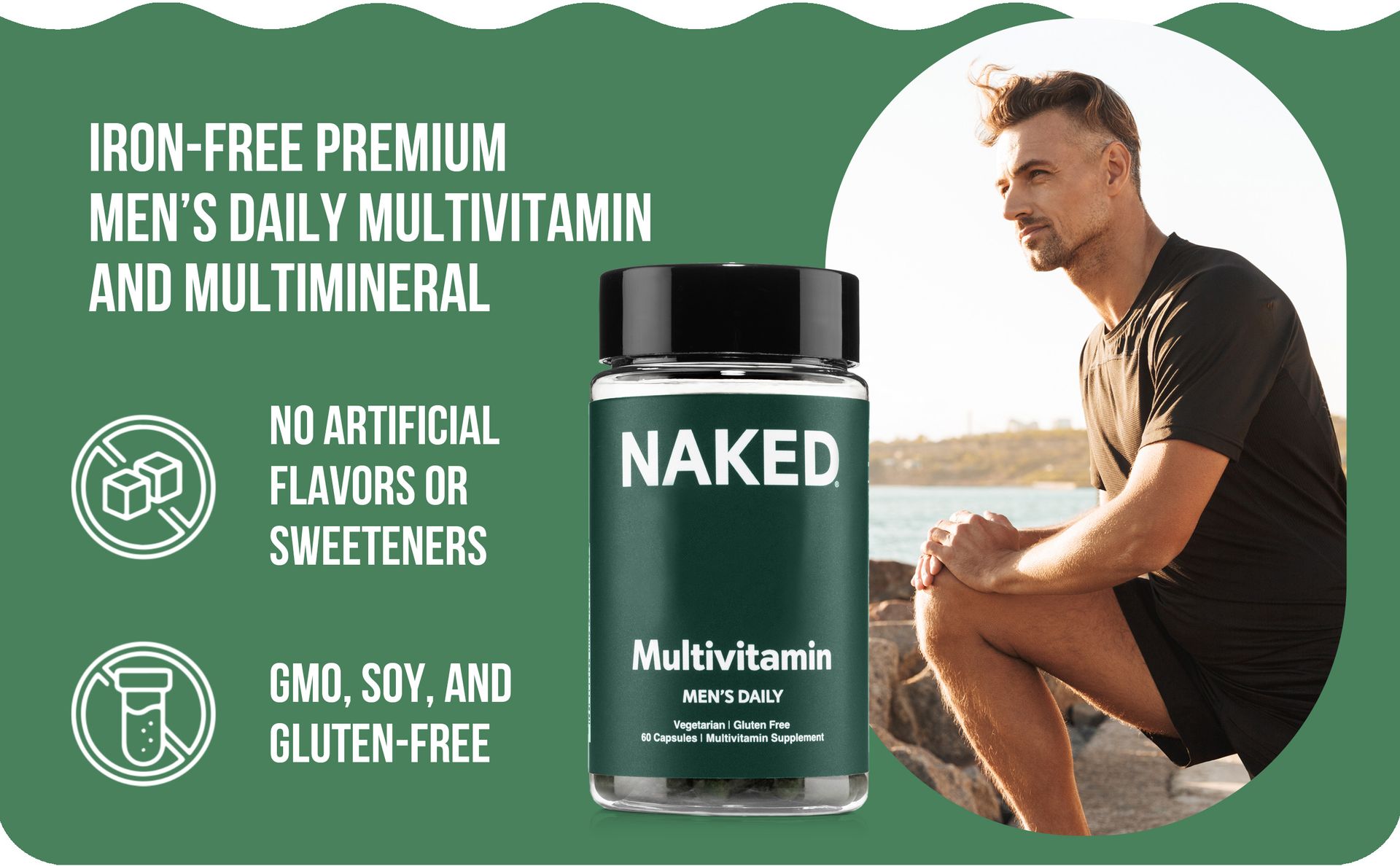 NAKED Men’s Multi – Daily Multivitamin for Men – A, C, E, Selenium, Zinc, Fruit and Super Green Extracts and More to Boost Immune Support – Gluten-Free and Vegetarian Daily Vitamins – 60 Capsules