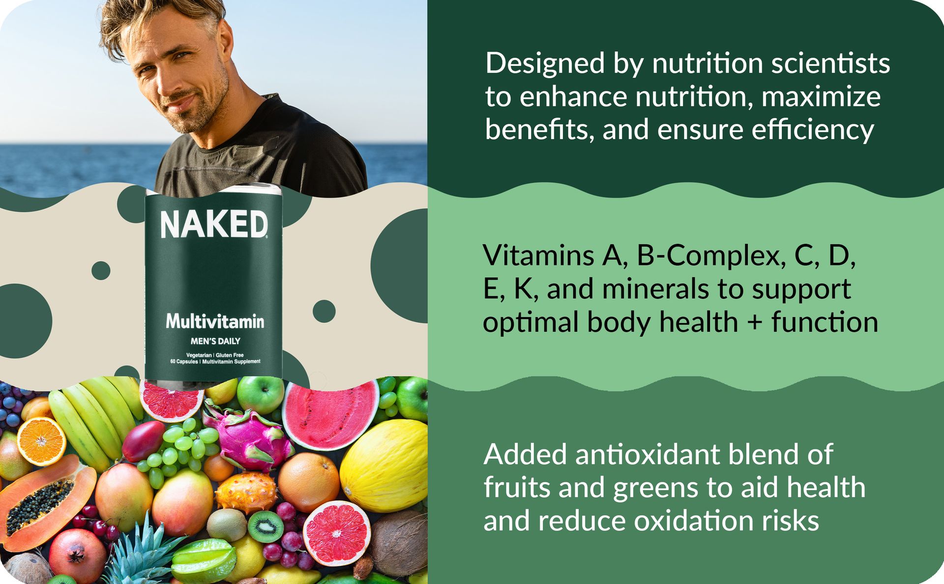 NAKED Men’s Multi – Daily Multivitamin for Men – A, C, E, Selenium, Zinc, Fruit and Super Green Extracts and More to Boost Immune Support – Gluten-Free and Vegetarian Daily Vitamins – 60 Capsules