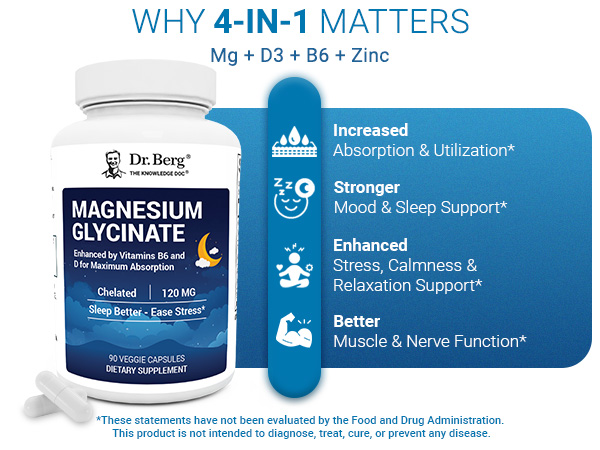 Dr. Berg Magnesium Glycinate 90ct – 4-in-1 Chelated for Muscle, Nerve, Sleep & Stress Support*– w/ D3, B6 & Zinc – 4X Lab-Tested – No Fillers – Formulated in USA, GMP-Certified
