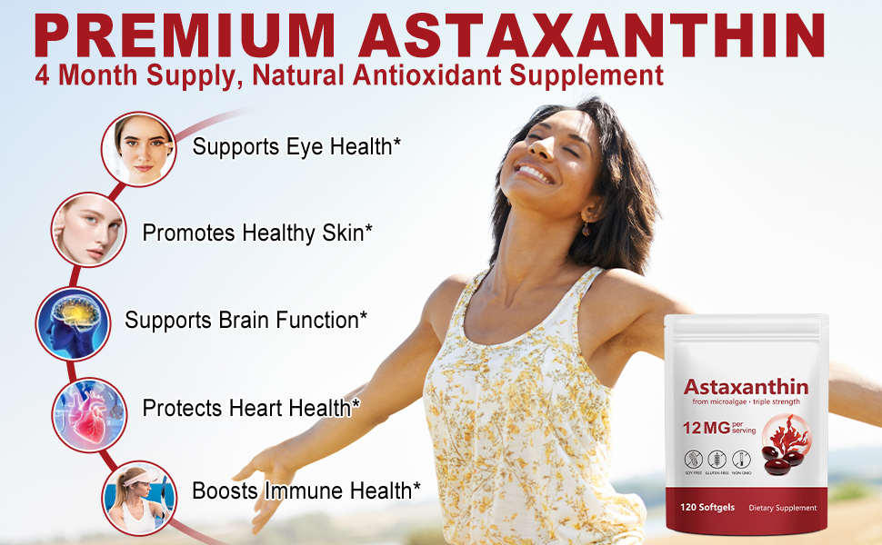 Xaarty Premium Astaxanthin 12mg, Antioxidant Supplement for Eye, Joint, Skin Health,Microalgae Source, 4 Month Supply | Supports Internal Circulation, 120 Softgels