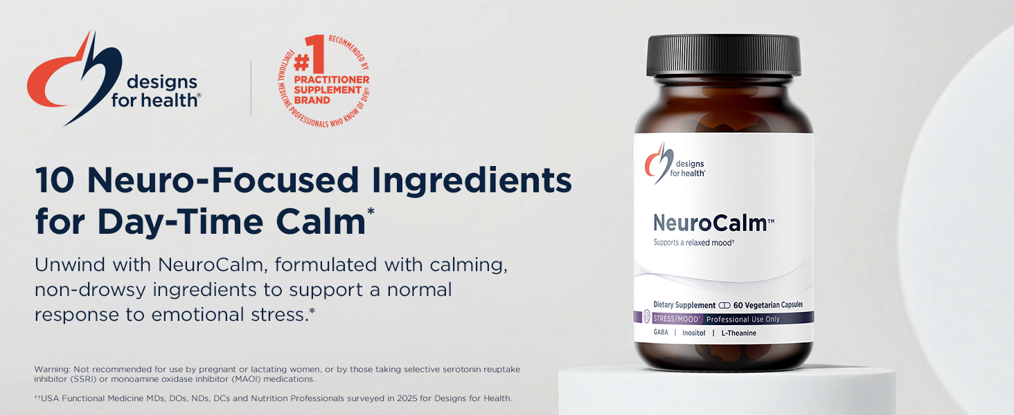 Designs for Health NeuroCalm - Supports Mood & Stress Relief with GABA, Inositol, L-Theanine, 5HTP, Vitamin B12 and B6, Taurine, Chamomile, Magnesium, and PharmaGABA - Gluten Free, Vegan (60 Capsules)