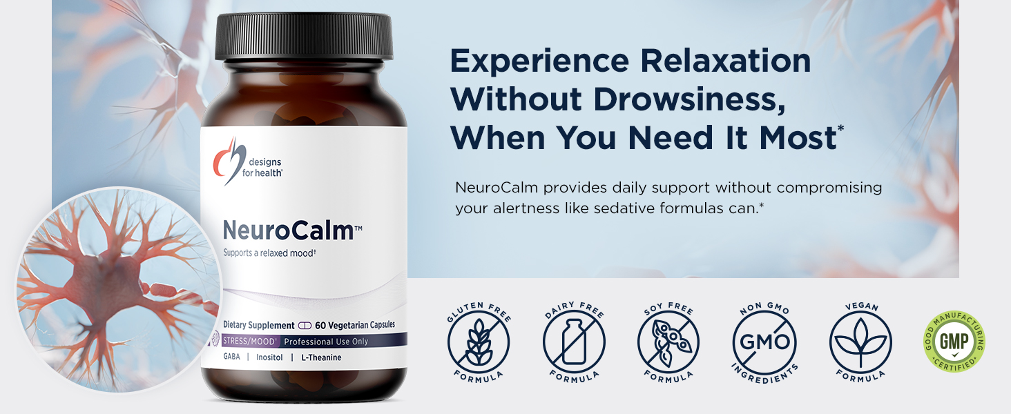 Designs for Health NeuroCalm - Supports Mood & Stress Relief with GABA, Inositol, L-Theanine, 5HTP, Vitamin B12 and B6, Taurine, Chamomile, Magnesium, and PharmaGABA - Gluten Free, Vegan (60 Capsules)
