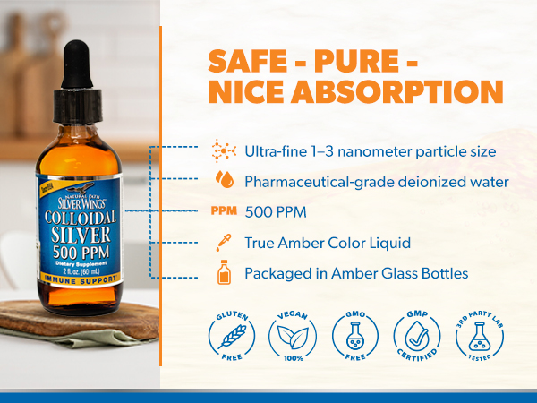 Natural Path Silver Wings Colloidal Silver - Extra Strength Liquid Immune Support Supplement - 500ppm (2500mcg) - 2 fl oz Dropper