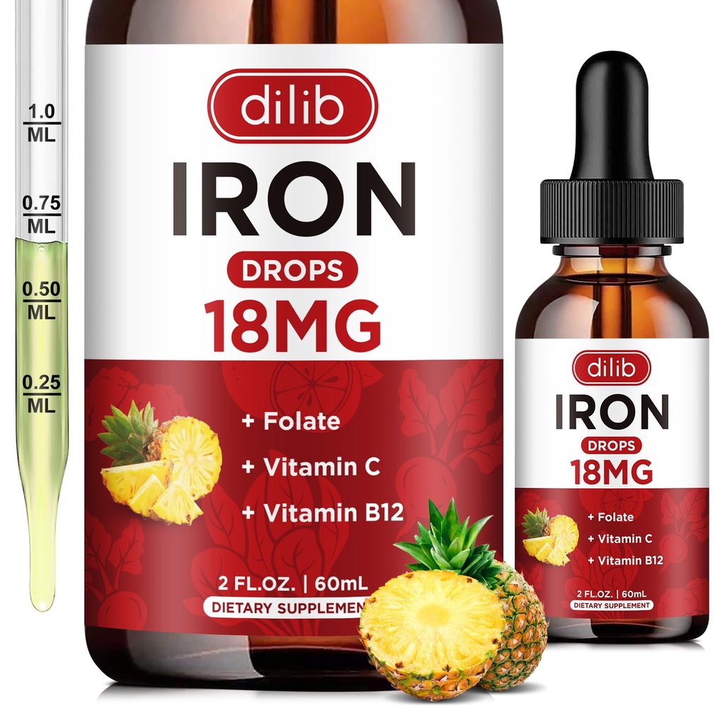 Líquido Suplemento de Ferro para Mulheres e Homens Gotas de Ferro Suplementos de Ferro para Anemia com Folato, Vitamina C, B12 para Flavor de Suporte de Células de Sangue Vermelho-Pineapple, 2 Fl Oz