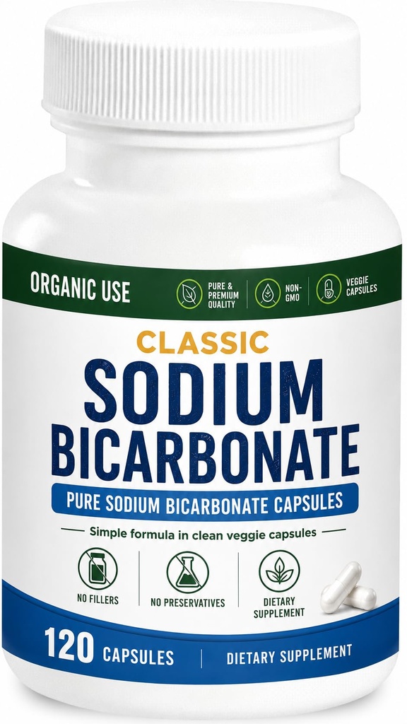 Bicarbonato de sódio clássico 650mg Uso orgânico natural Bicarbonato de sódio Pílulas em pó Comprimidos de bicarbonato de sódio (caps) Alcalinidade ácido do estômago 120caps