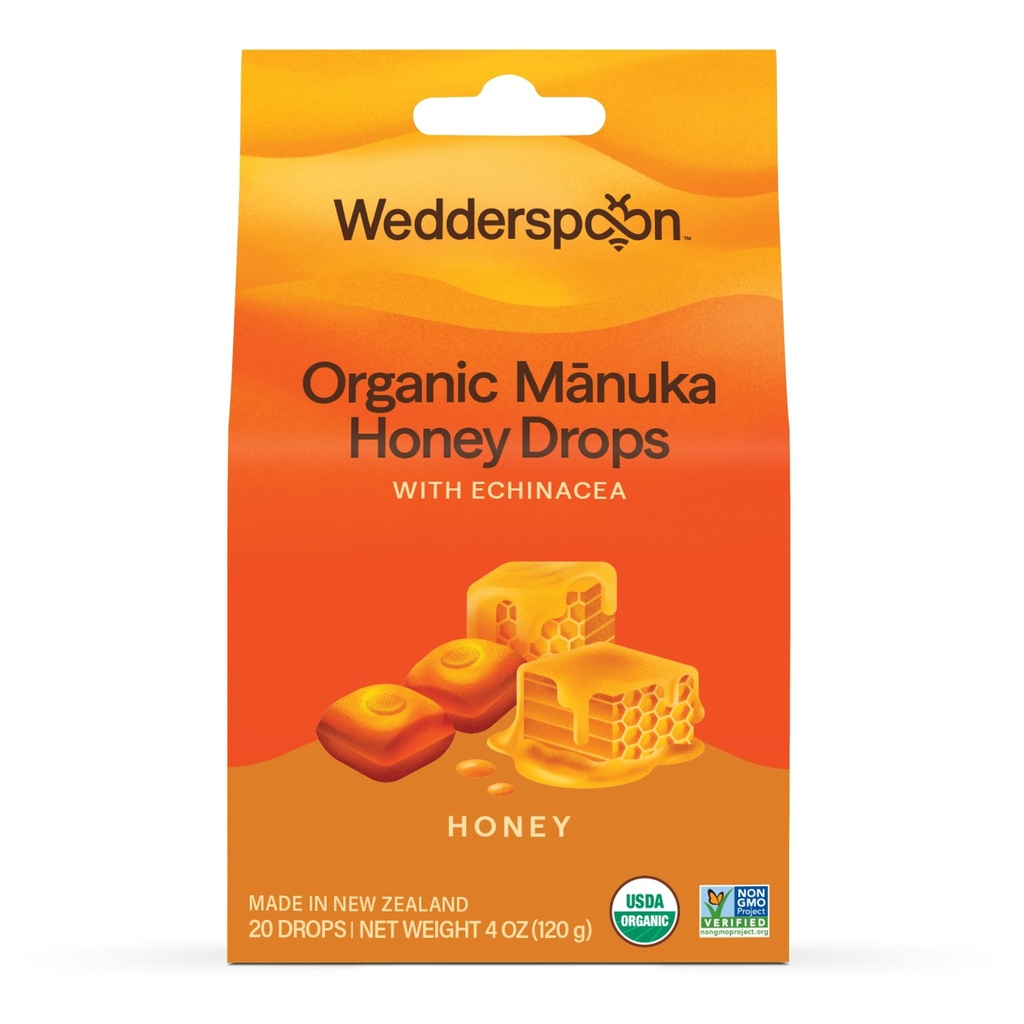 Wedderspoon Organic Manuka Honey Drops, Honey & Echinacea, 20 Count (Pack of 1)