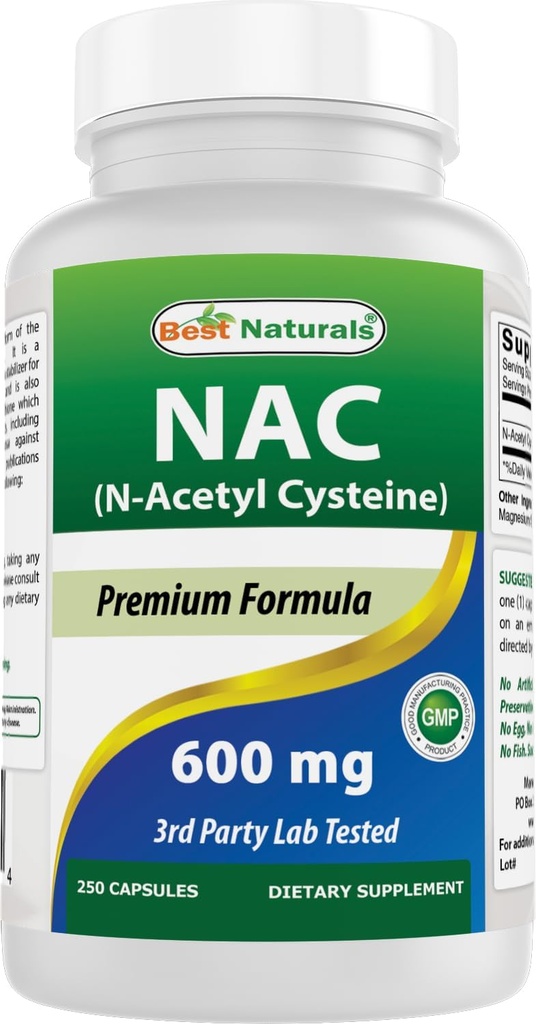 Best Naturals NAC - N Acetil Cysteine 600 mg 250 Cápsulas - n Acetil cisteína - Poderoso antioxidante