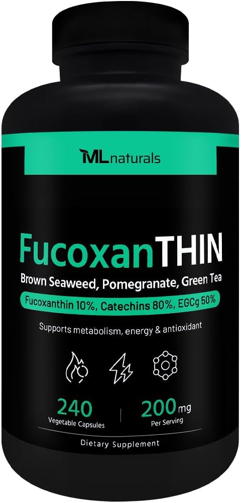 ML Naturals FucoxantHIN 240 Cápsulas Vegetais. Fucoxantina 10% 200 mg por serviço, suporta o metabolismo e o antioxidante, certificado por NSF e compatível com cGMP