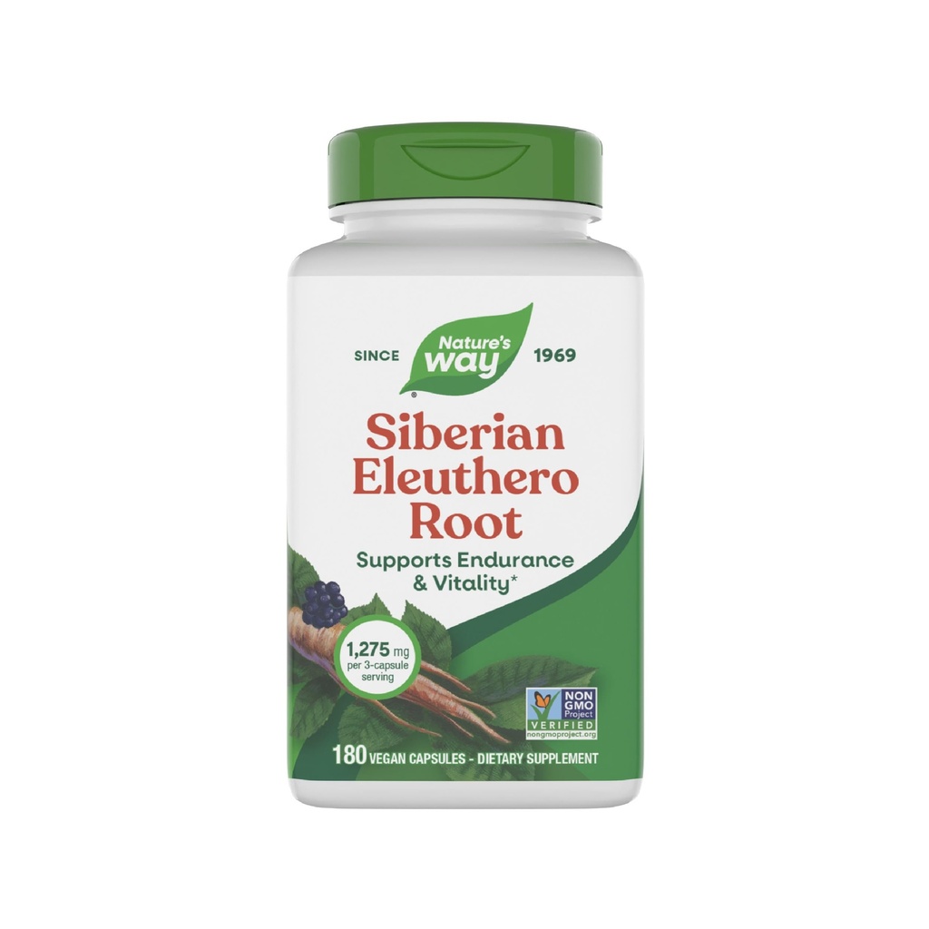 Nature's Way Premium Herbal Siberian Eleuthero Root Supplement, Suporta Endurance & Vitality*, Adaptogen*, 1.275mg por serviço de 3 cápsulas, Projeto não-GMO verificado, 180 Cápsulas (Packaging May Vary)