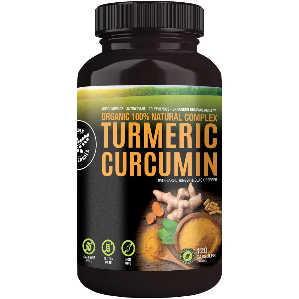 Cápsulas 100% cruas e orgânicas de Curcumina Turmérica. Certified Organic, Gluten-Free, Non-GMO, e Cafeína-Free. Melhorado com alho, gengibre e pimenta preta, 500mg, 120 Cápsulas Vegan