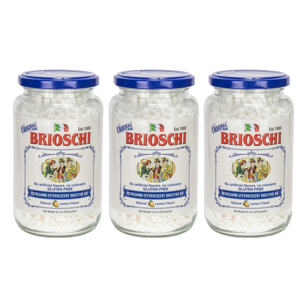 Brioschi [Pack 3 italiano limão aromatizado efervescente refrescante □ Ajuda Digestiva, Azia, Estômago irritado, indigestão ácida □ Sem glúten, Sem corantes, Sem sabores artificiais □ 8,5 oz Vidro