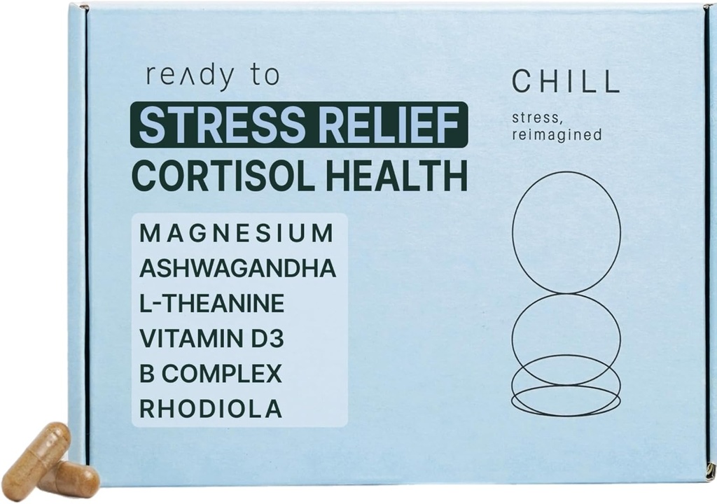 CHILL Stress Relief Supplement – Cortisol Health for Women & Men - Equilibrado Mood, Relaxação & Sono – Magnésio, Ashwagandha, L-Theanina, Complexo B – 60 Cápsulas 11/30/25 Expiração