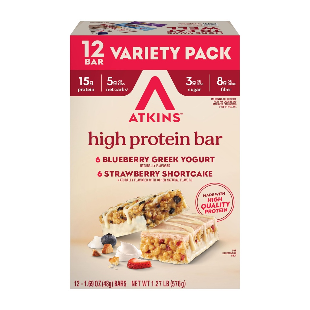 Atkins Blueberry Greek Yogurt & Strawberry Shortcake High Protein Bar, High Fiber, Keto Friendly, 12 Count (6 Bares Cada sabor)