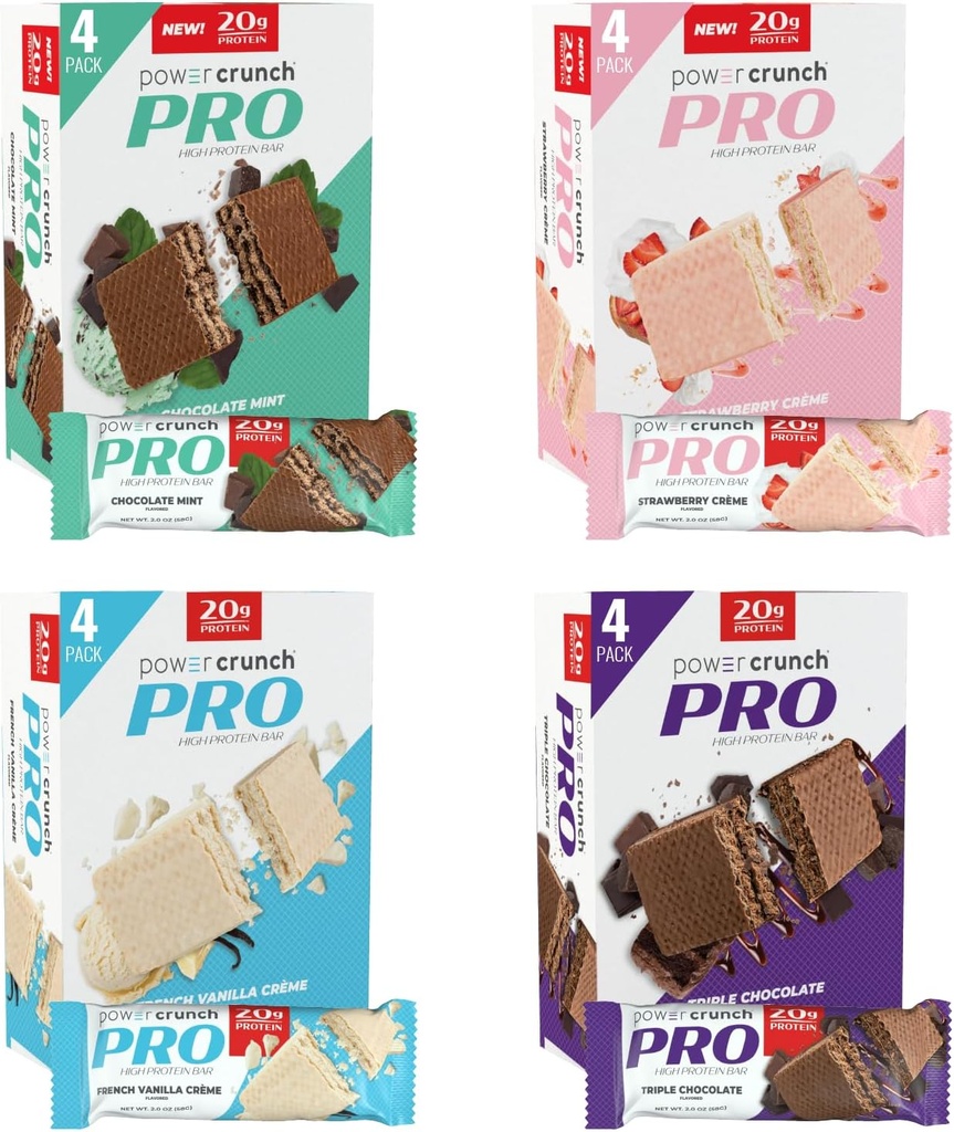 Power Crunch PRO Protein Wafer Bars, Variety Pack, em 4 Flavors 2.0 Ounce Bars (16 Conde). Proteína Alta