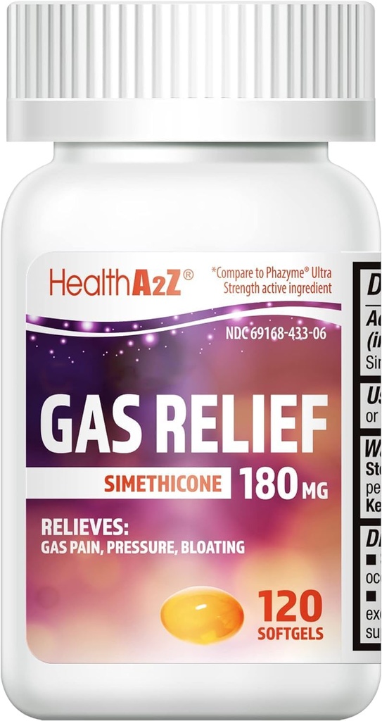 HealthA2Z® Gas Relief Simethicone □ 180 MG □ Alívios do desconforto estomacal e do gás