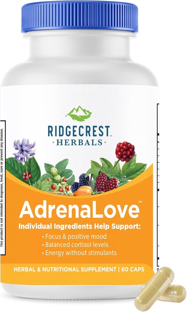 Ridgecrest Herbals AdrenaLove, Stress and Energy Support Supplement with Ashwagandha, L-Theanina, Ginseng, Schisandra, Taurine, Holy Basil, Adaptogens, B Vitaminas (60 Vegan Caps, 30 Serv)