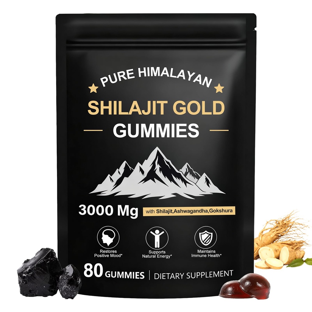 Gummies Shilajit, Puro Himalayan Shilajit Gummies Ouro, Não adicionado açúcar não-GMO 100% Natural & Orgânico, Ashwagandha, Gokshura & Ácido Fulvic & 85+ Trace Minerals para os homens, Mulheres