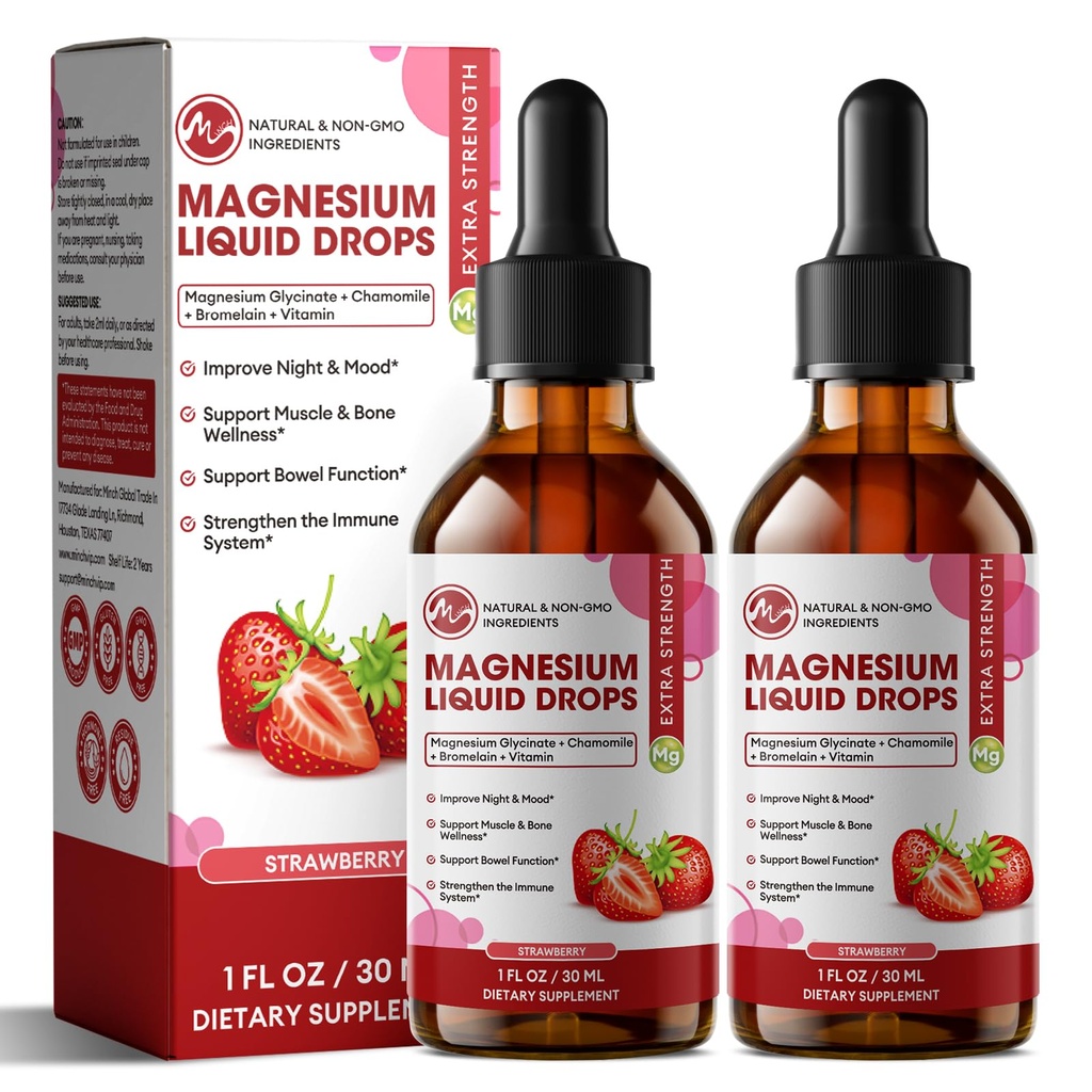 M polegadas Magnésio Glicenato líquido, alta absorção Magnésio líquido gotas com fibra de celulose, bromelaína, vitamina B6, C, D, zinco, magnésio suplemento para crianças e adultos, morango flavor, 2 embalagem