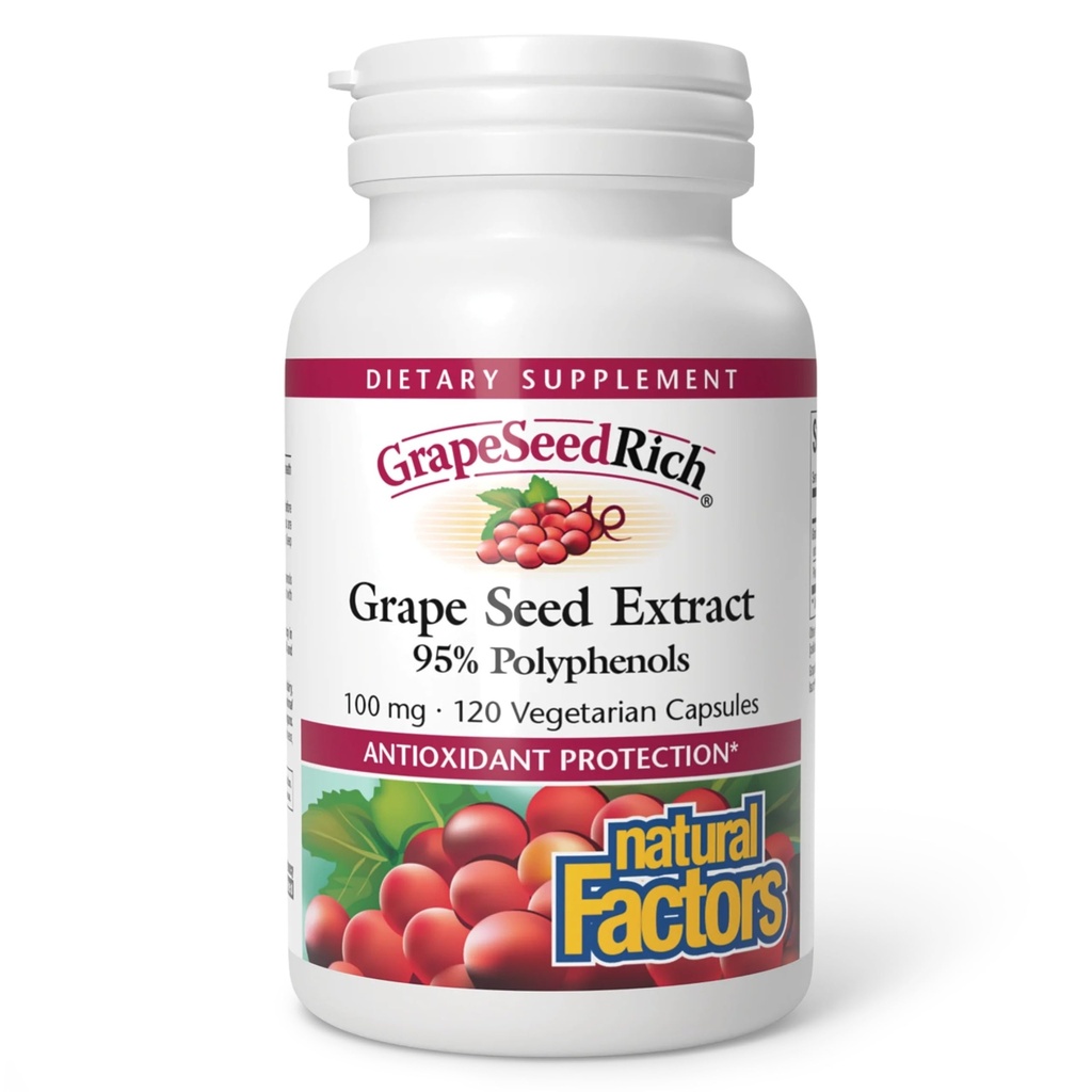 Factores Naturais, Extrato de Sementes de Uva de Rique, Suporte Antioxidante para Resposta Inflamatória Saudável, 120 Cápsulas