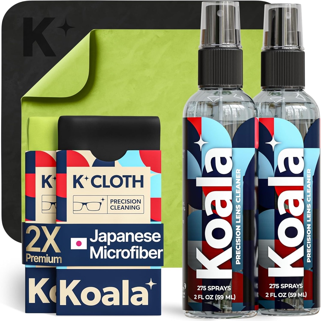 Coala Eyeglass Lens Cleaner Spray Kit □ (2x) Glasses Cleaner Garrafa + (2x) Microfibra Cloth □ Álcool livre Óculos, tela e câmera Kit de limpeza □ Made in USA (4 Piece Set)