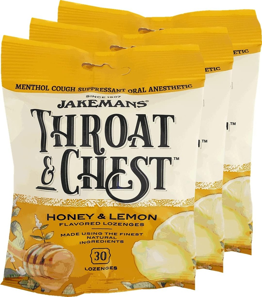 Jakemans Honey and Lemon Throat & Chest Lozenges Tosse Drops – Tosse, Garganta Dolorosa e Sazonal Alívio calmante – Liquid Drop Shape – 30 Lozenges (3 Pack)