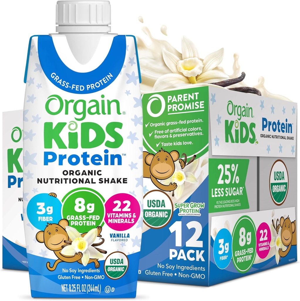 Orgain Organic Kids Nutritional Protein Shake, Baunilha, Snacks de crianças saudáveis, 8g Dairy Protein, 3g Fibra, 22 Vitaminas & Minerals, Sem ingredientes de soja, Sem glúten, Não-GMO, 8.25 Fl Oz (Pacote de 12)