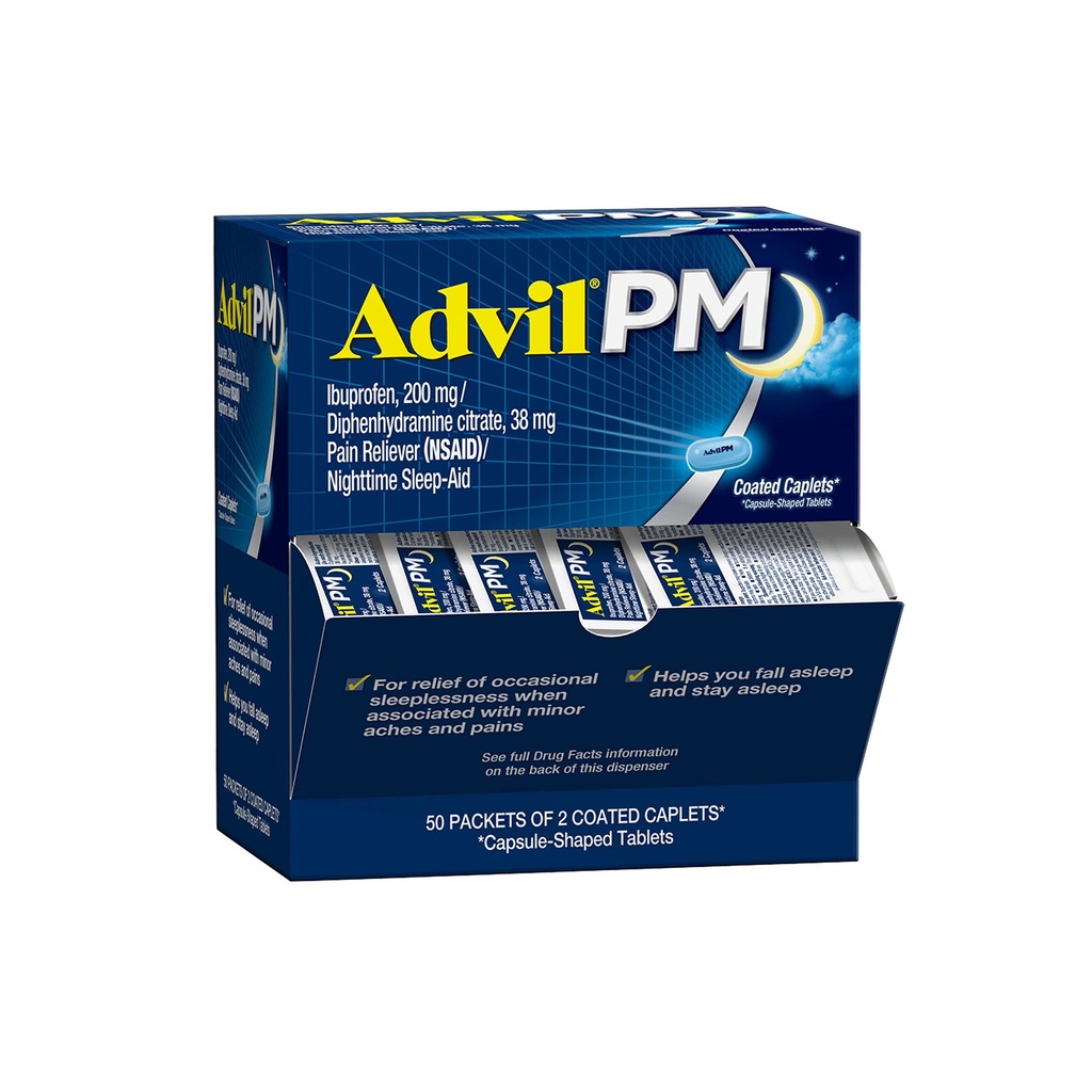 Advil PM Pain Reliever e Nighttime Sleep Aid, medicina da dor com Ibuprofeno para alívio da dor e Citrato de Difenidramina para um Sleep Aid - 50x2 Caplets revestidos