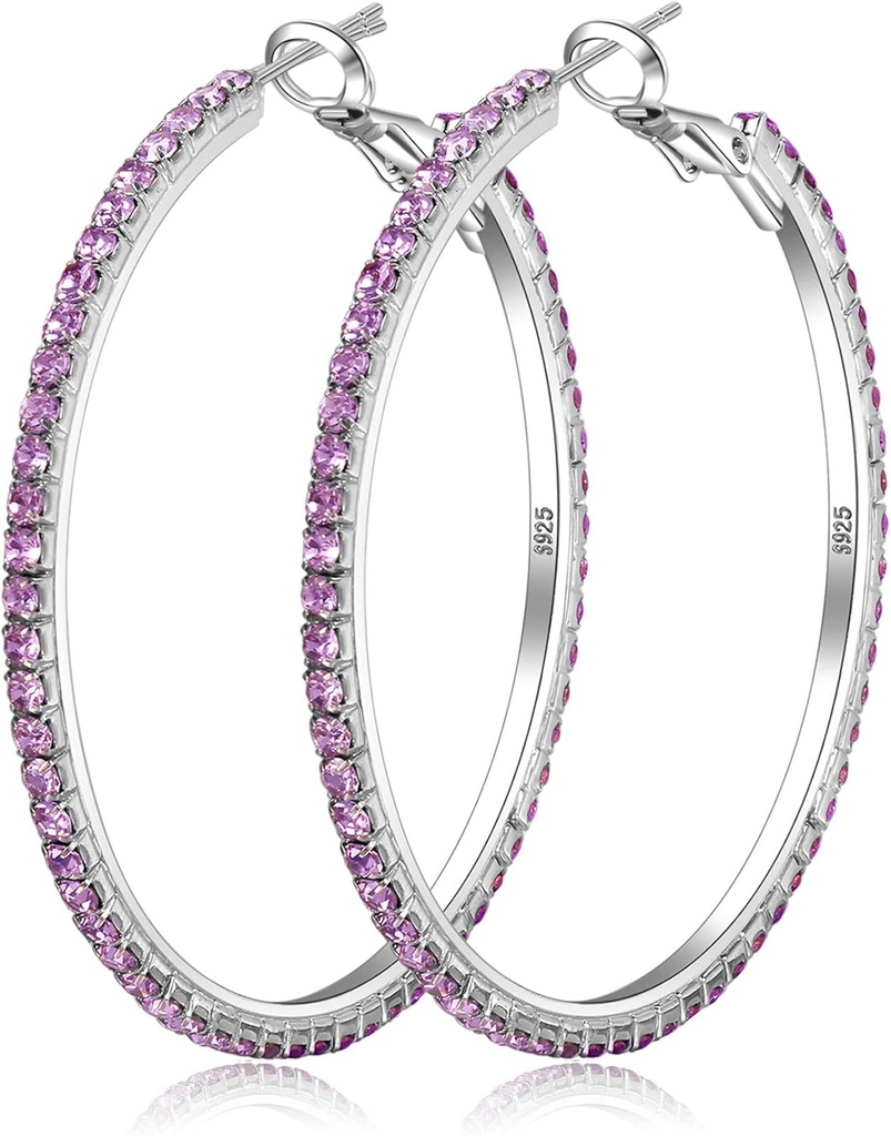 925 Brincos de prata Sterling Brincos de Hoop Grande Rhinestone Brincos de Hoop Grande Cubic Zirconia Brincos de Hoop Thin Rhinestones Brincos de Hoop Redondo para Mulheres 20/30/40/50/60/70mm Sparkly Hoops com cristais para as mulheres