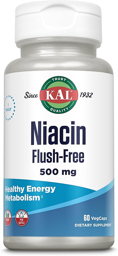 KAL Niacin 500mg Flush Free - Suplemento Vitamina B3 - Metabolismo e Apoio Energético - Pele, Nervo, Saúde Digestiva e Apoio à Circulação - Vitamina Vegan, 60-Day Garantia, 60 Servings, 60 VegCaps