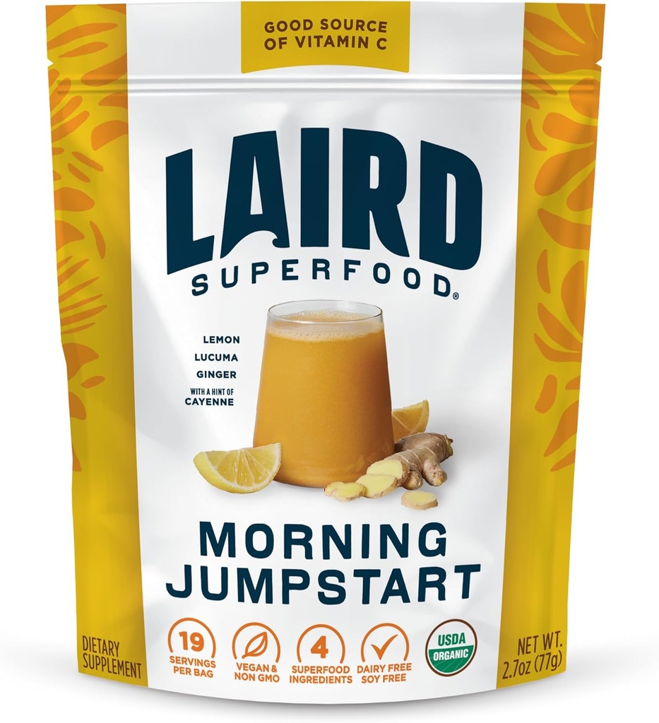 Laird Superfood Morning Jumpstart Powder Drink Supplement, Lemon, Lucuma, Ginger e Cayenne Cleanse, Orgânico, 2,7 Oz Bag, Pacote de 1