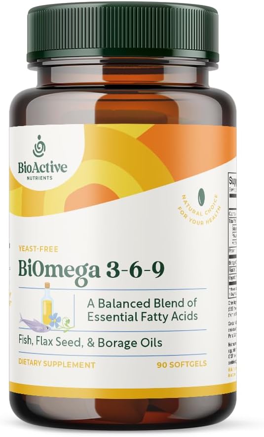 NUTRIENTES BIOACTIVE BiOmega 3-6-9 Suplemento Softgels para Mulheres e Homens - Omega 3 6 9 - Complexo dos melhores peixes, óleo de linhaça e Borage Oil Suplementos - 1200mg - 90 Softgels