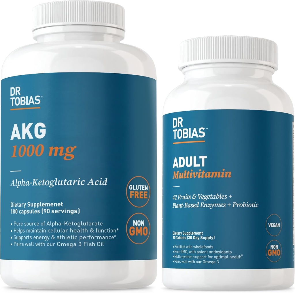 Dr. Tobias AKG Supplement & Adulto Multivitamin - Global Cellular Energy & Nutrient Support for Global Wellness and Vitality, Vegan, Non-GMO