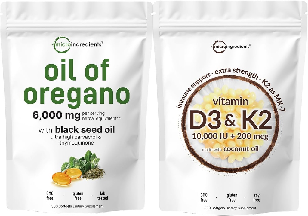 Óleo de Micro Ingredientes de Orégano Softgels 6.000mg Por Serving & Vitamina D3 10.000iu + K2 200mcg Óleo de Coco Softgels Pacote 2 Pacote .