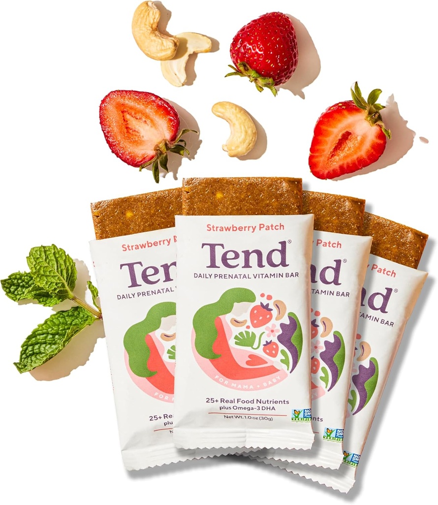 Tend Daily Best Prenatal Vitamina Bar, Feito com ingredientes orgânicos para mães grávidas e pós-parto, Inclui DHA, vitamina D, B, cholina, folato - Strawberry Patch (4ct)