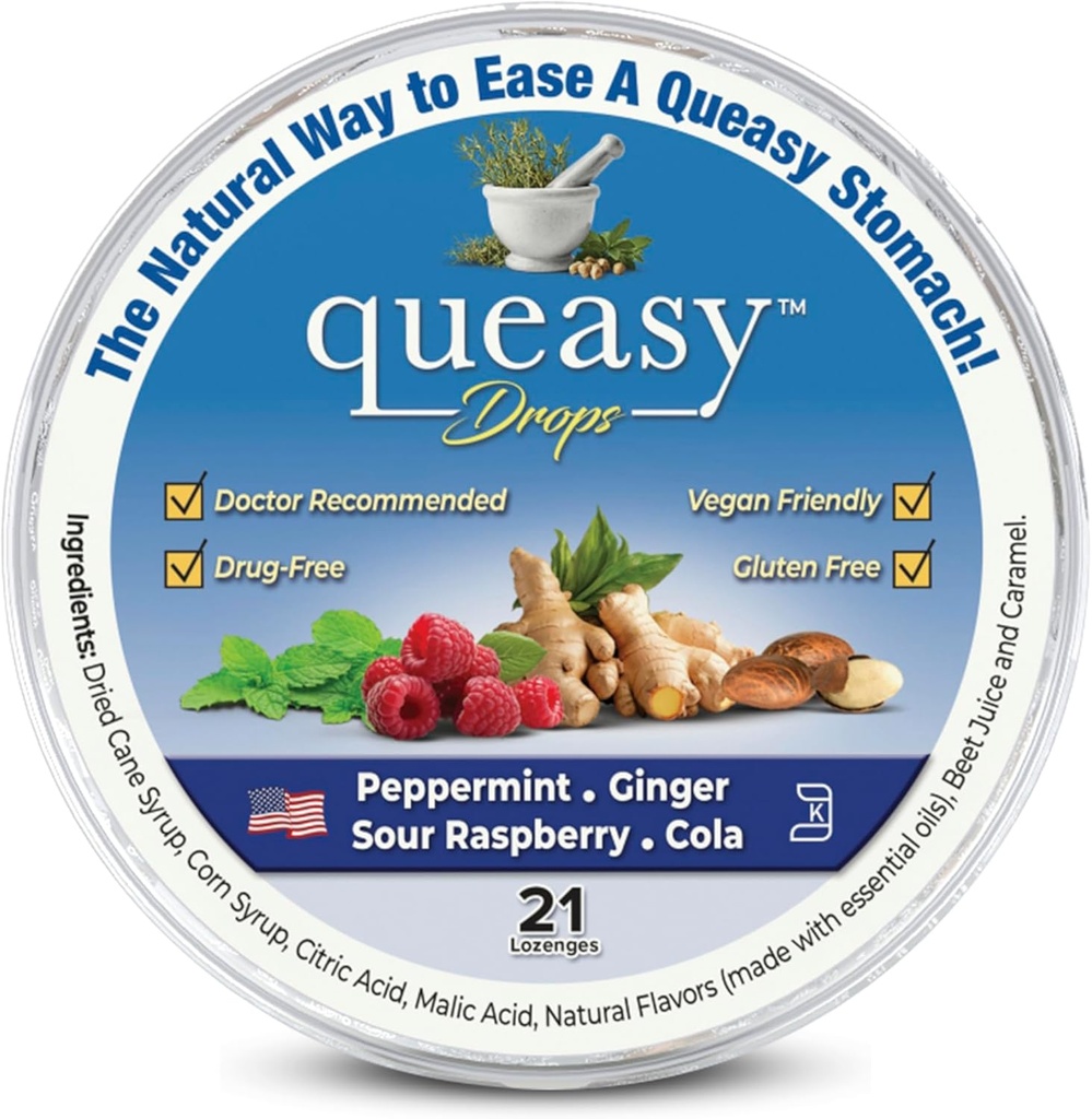 Três Lollies Queasy Drops - Quimioterapia fácil Náuseas e doença de viagem - Alivia uma boca seca - Ingredientes naturais - 21 qui