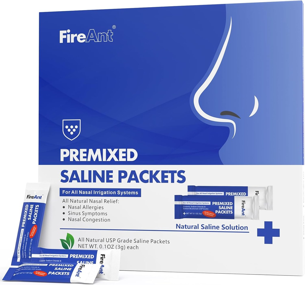 Pacotes FireAnt Saline para Sinus Rinse, 100 Premixed Neti Pot Salt Packet para Nasal Rinse, Sinus Rinse Packets para Sistema de Irrigação Nasal, PH Balanced - Slate Blue