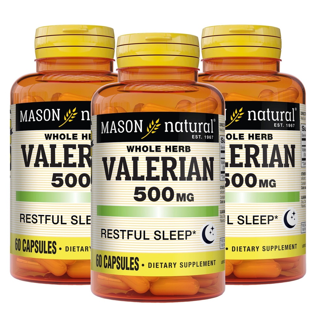 MASON NATURAL Raiz Valeriana 500 mg, 6 Mês de Abastecimento, Ajuda Natural ao Sono, Promove sono saudável e descansado, Suplemento de ervas, 3 Pack