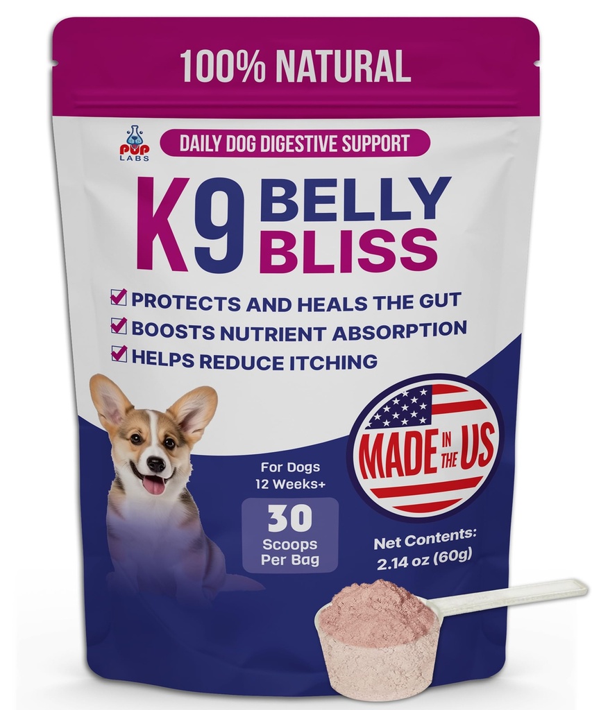 K9 Belly Bliss, All-Natural Gut Health para cães, Vet Aprovado Prebiótico para cães para apoio digestivo diário e alívio da constipação do cão, fácil de usar Topper para alimentos secos e molhados, 30 Scoops.