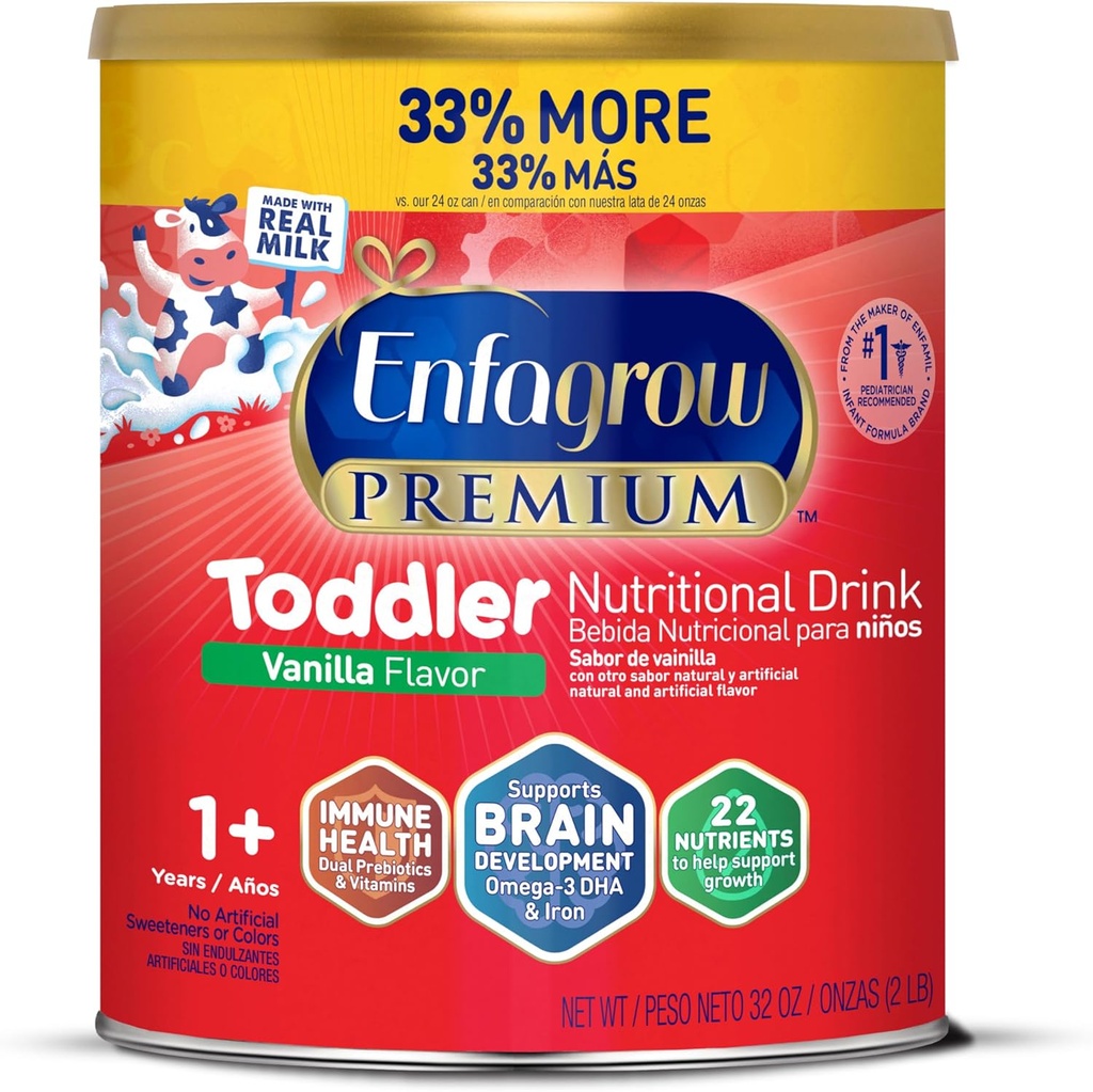 Engagrow Premium Bebida Nutricional Toddler, Natural Vanilla Flavor, Omega-3 DHA para suporte ao cérebro, Prebióticos & Vitaminas para a saúde imunológica, Não-GMO, Powder Can, 32 Oz (Pacote de 1
