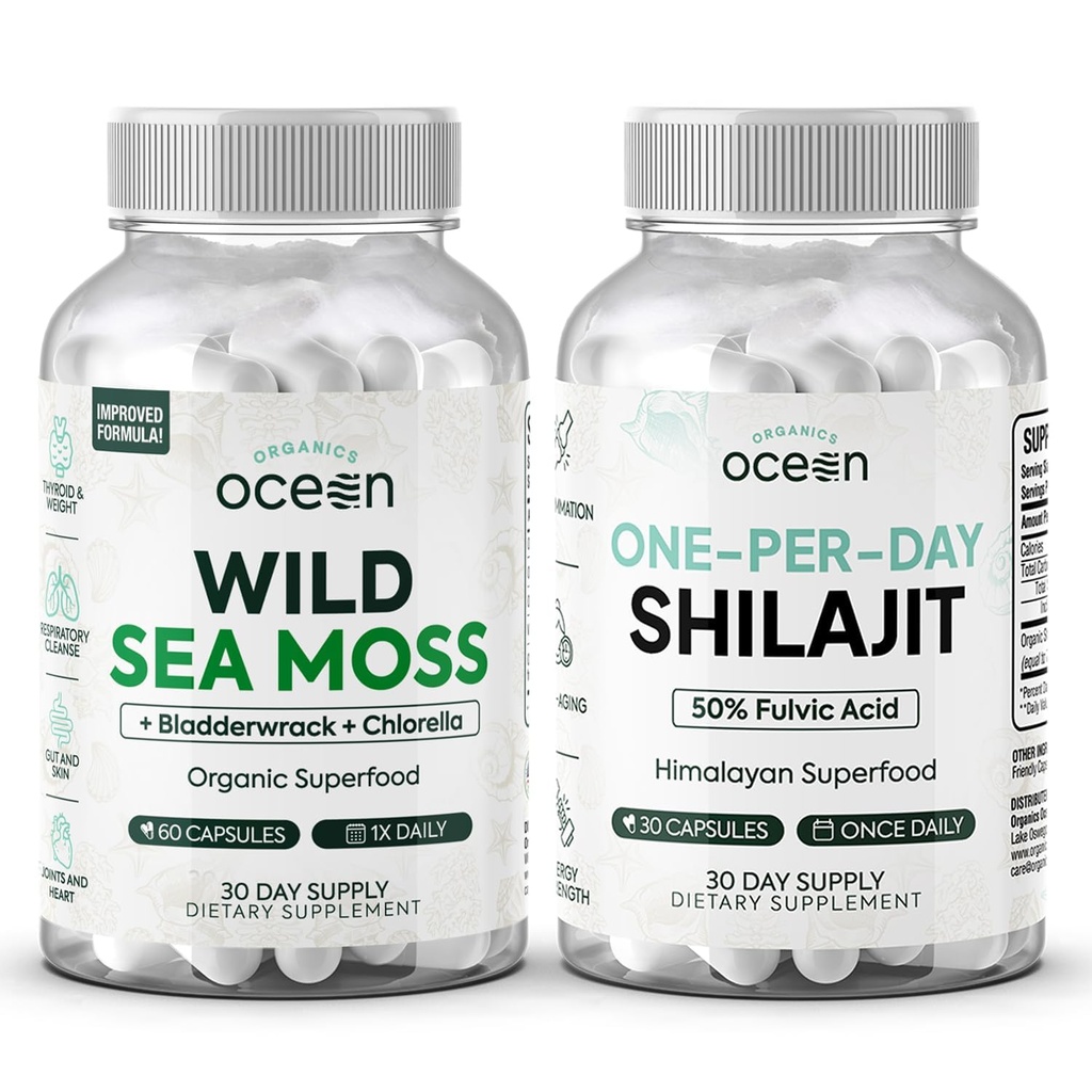 Organics Ocean Wild Sea Moss Cápsulas e um por dia Shilajit para homens e mulheres - 100% Irish Sea Moss e Pure Shilajit Cápsulas - Apoio à tiroide para mulheres e homens