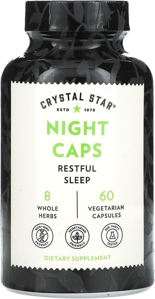 Cristal Star Night Caps Suplemento natural de ajuda ao sono (60 cápsulas) – Ervas não-habit formando – Raiz Valeriana, Kava & Paixão Flor – Não-GMO