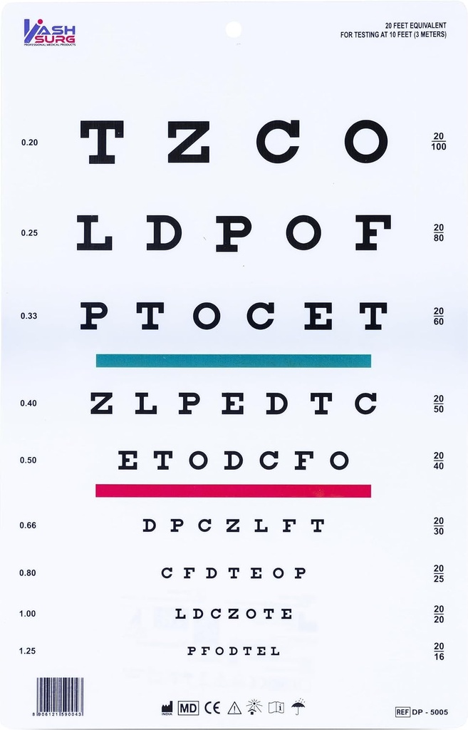 Snellen Chart com Linhas Verdes Vermelhas 10 Pés 9 X 14.