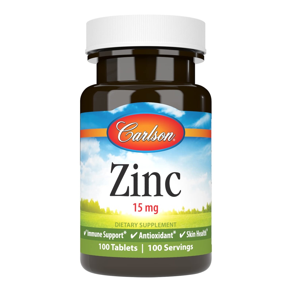 Carlson - Zinco, 15 mg, Suplemento de Zinco, Gluconato de Zinco, Suporte Imune e Saúde da Pele, Comprimidos de Zinco, Antioxidante, Cápsulas de Zinco, 100 Comprimidos