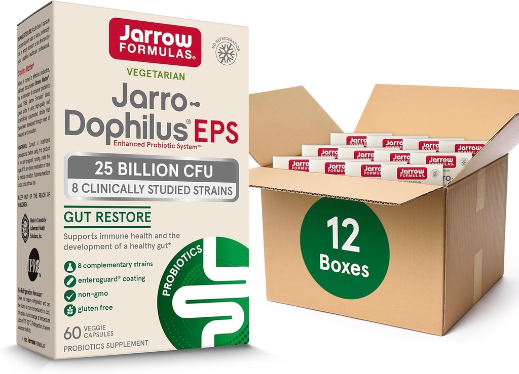Jarrow Fórmulas Jarro-Dophilus EPS Probióticos 25 bilhões de UFC para suporte de trato intestinal, Gut Health Probióticos Suplementos para Mulheres e Homens, 60 cápsulas vegetativas, até um suprimento de 60 dias, 12 embalagens