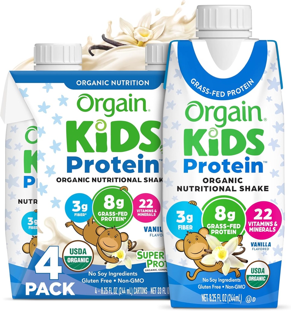 Orgain Organic Kids Protein Nutritional Shake, Baunilha - 8g de Proteína, 22 Vitaminas e Minerais, Frutas e Legumes, Gluten Free, Soy Free, Non-GMO, 8.25 Fl Oz (Pacote de 4)